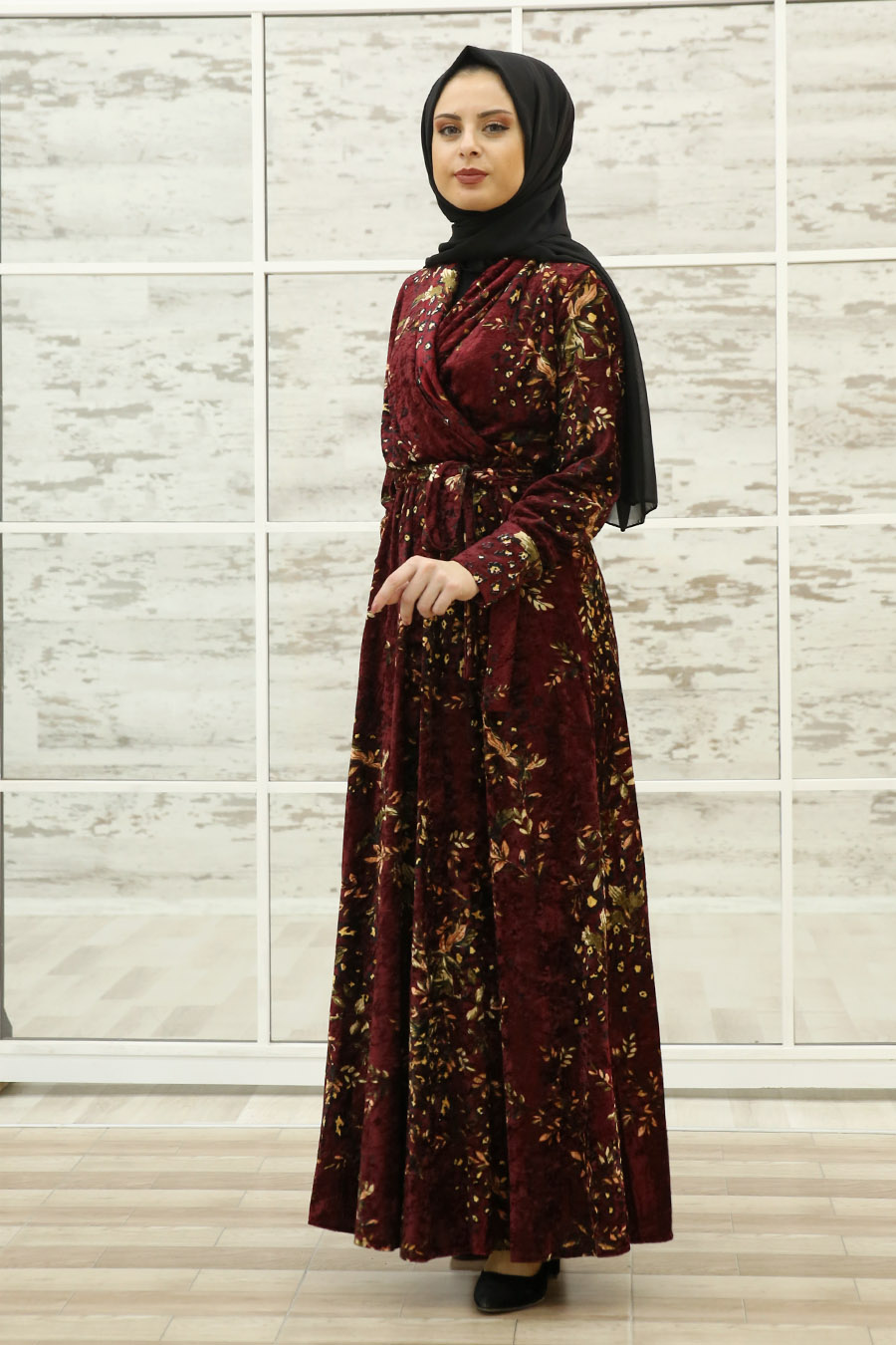 FLOWER PATTERNED CLARET RED DRESS